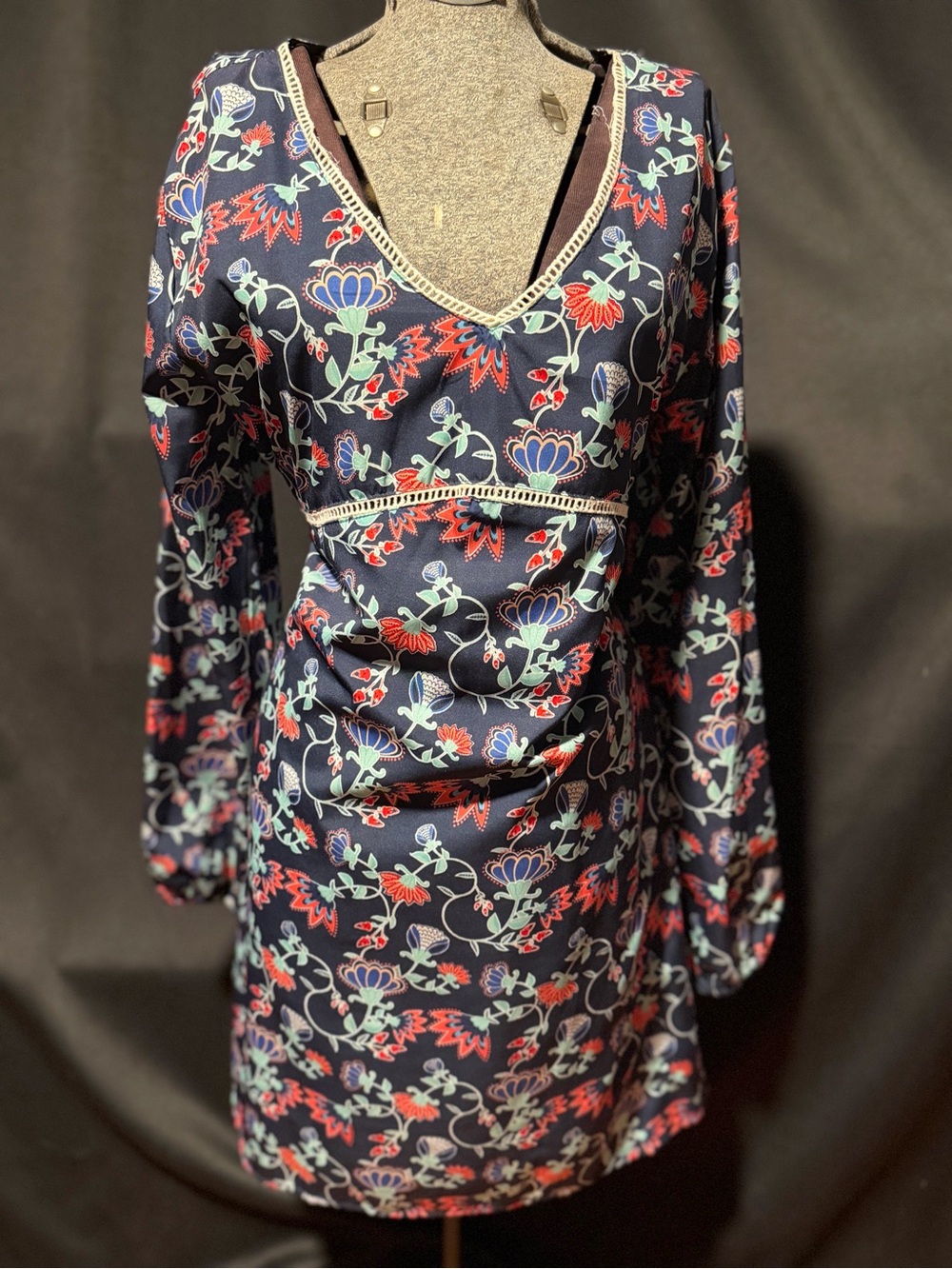 Rock&Roll CowGirl Navy Floral V-Neck Long Sleeve Dress - Size L